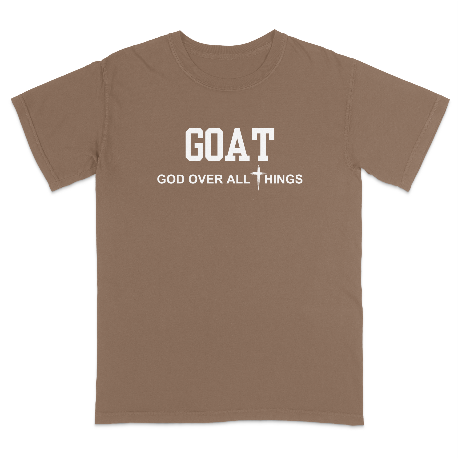 Brown faith-based Christian t-shirt featuring the bold word “GOAT” across the chest with the phrase “God Over All Things” underneath and a white cross graphic. Inspirational religious apparel designed for believers, church events, youth groups, Christian streetwear, Bible study gatherings, and everyday faith-centered fashion.