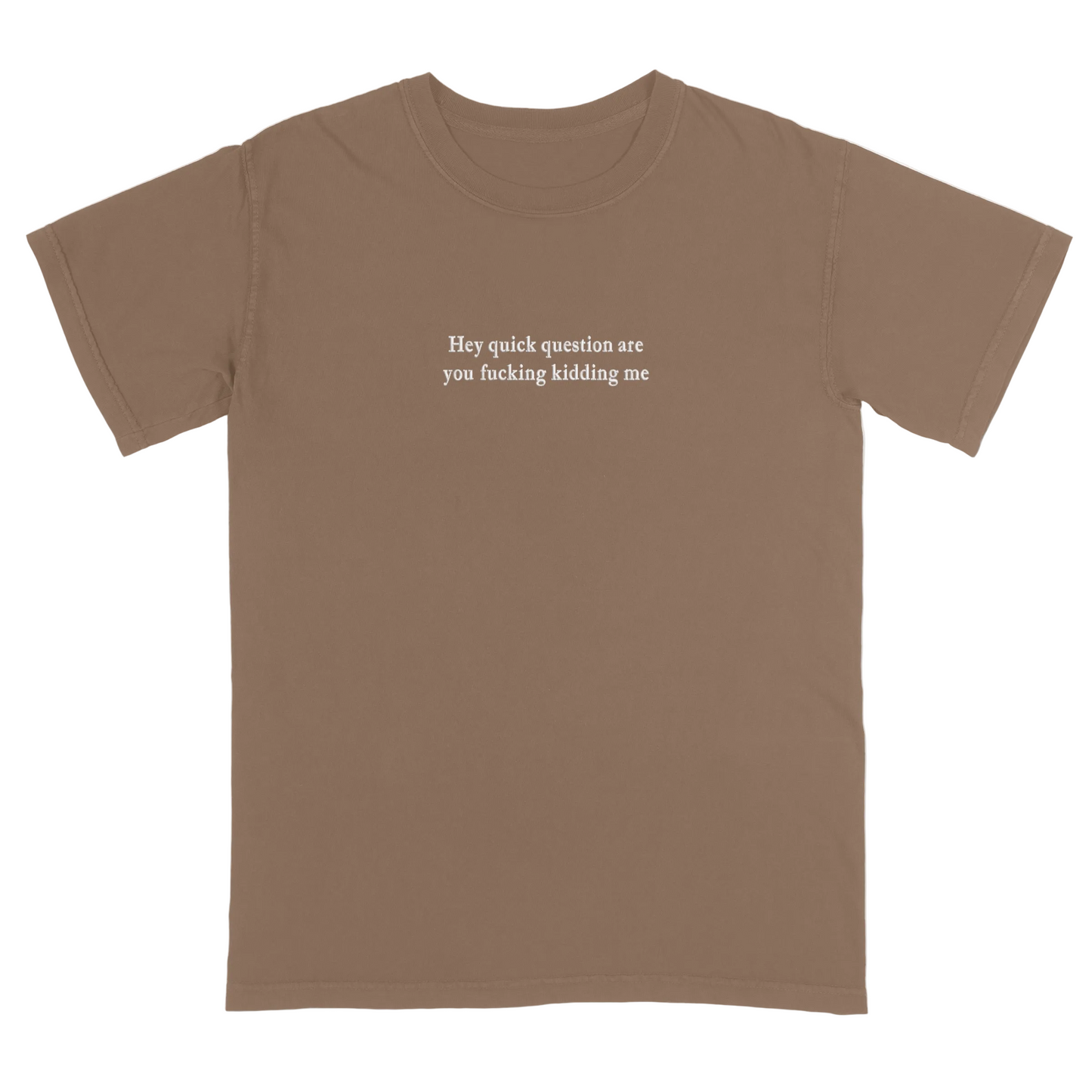 Brown t-shirt with 'Hey quick question are you fucking kidding me' text on a white background