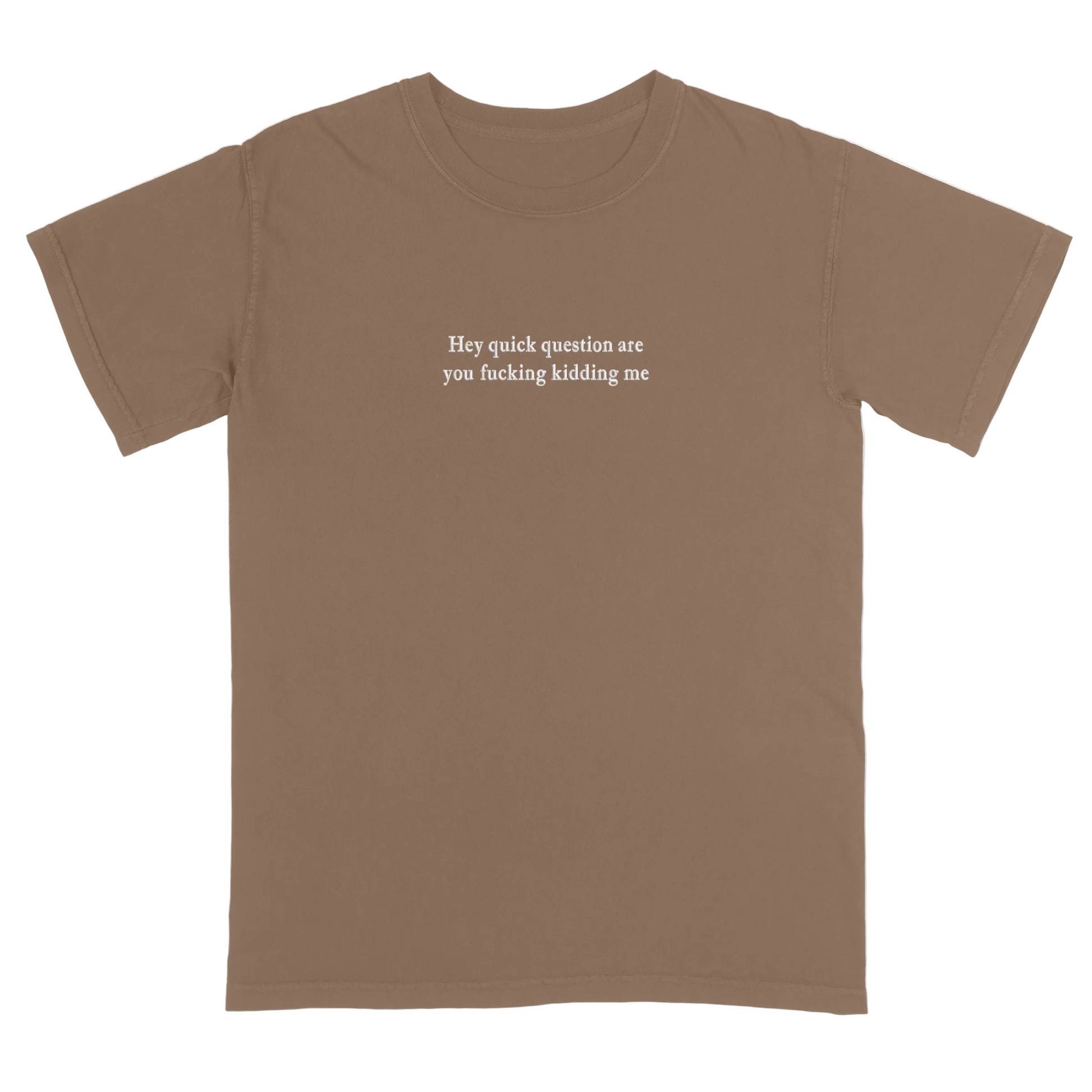Brown t-shirt with 'Hey quick question are you fucking kidding me' text on a white background