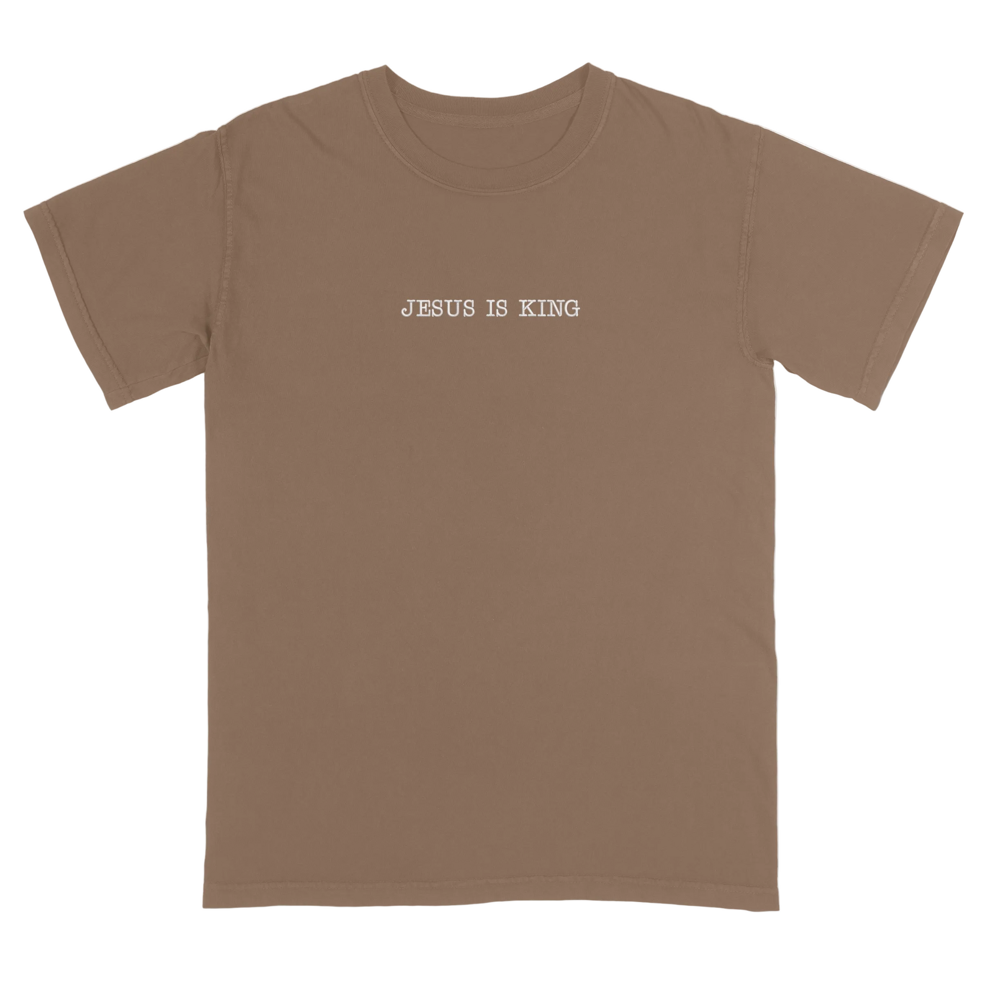 Brown t-shirt with 'Jesus Is King' text on a white background