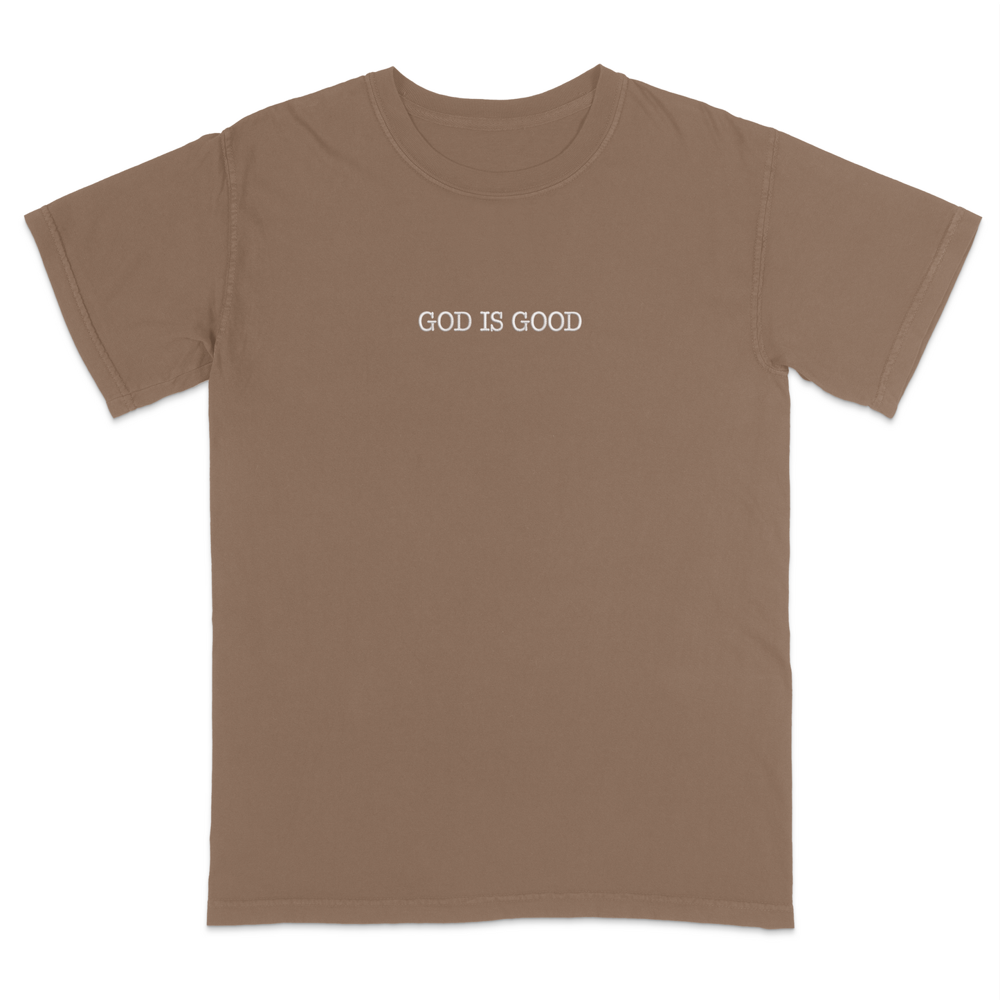 Brown t-shirt with 'GOD IS GOOD' text on a white background