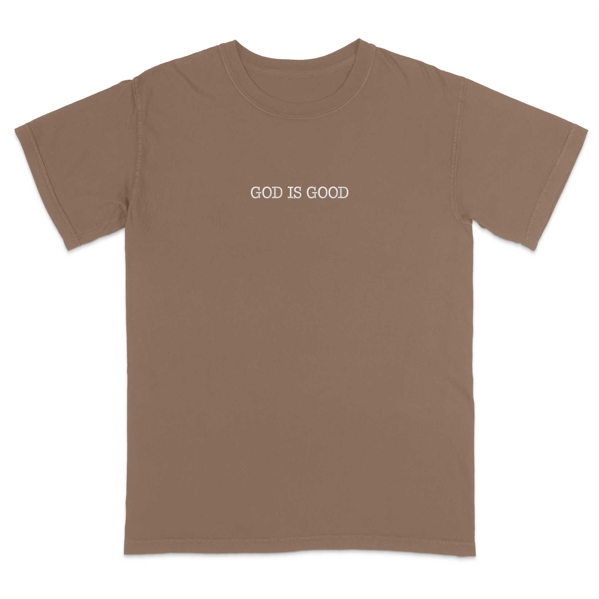 Brown t-shirt with 'GOD IS GOOD' text on a white background