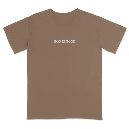 Brown t-shirt with 'GOD IS GOOD' text on a white background