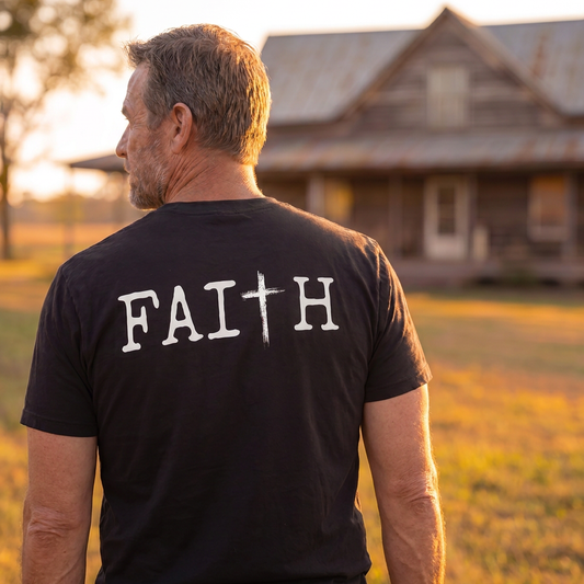 Man wearing a black Christian faith t-shirt featuring a large "FAITH" graphic with a cross design on the back, standing outdoors near a rustic farmhouse at sunset. Inspirational faith-based apparel for church, worship, and everyday Christian living.