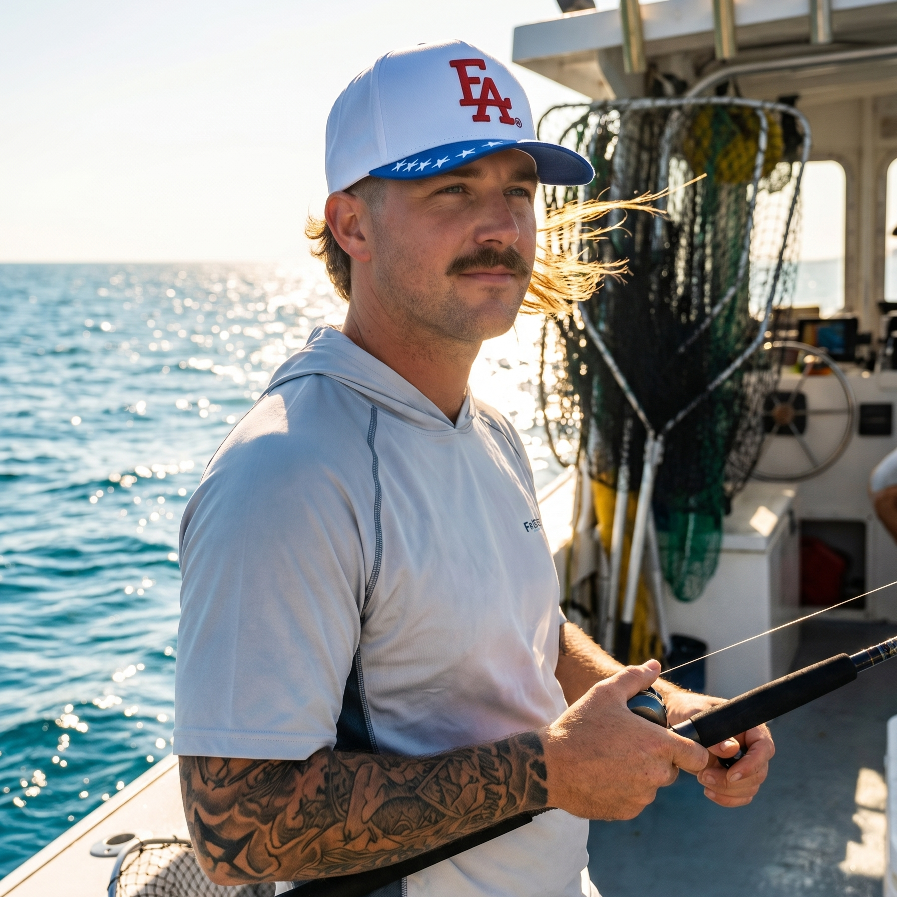 Man fishing offshore wearing a white and blue FLA® snapback hat with red embroidered logo and embroidered stars on the brim. Patriotic Florida-inspired cap designed for boating, fishing, and coastal outdoor adventures.