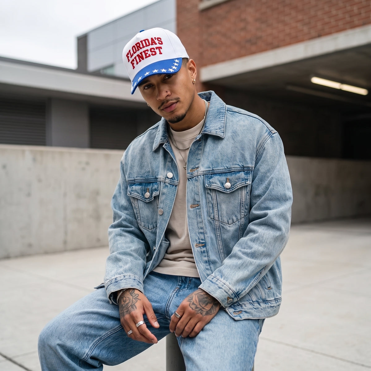 Man wearing a white Florida’s Finest hat with red embroidered lettering and a blue star-pattern brim, paired with a light-wash denim outfit.