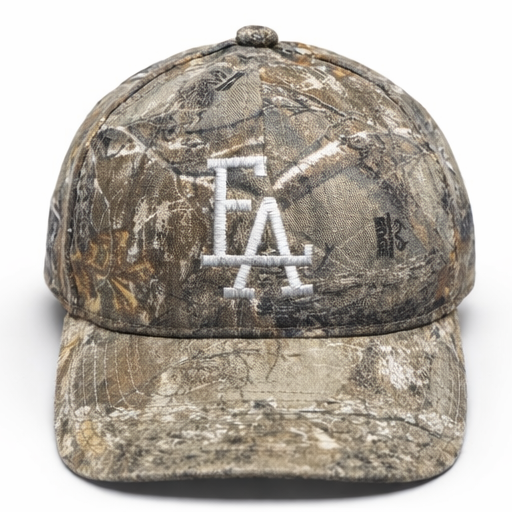 Camouflage baseball cap with a FLA logo on a white background