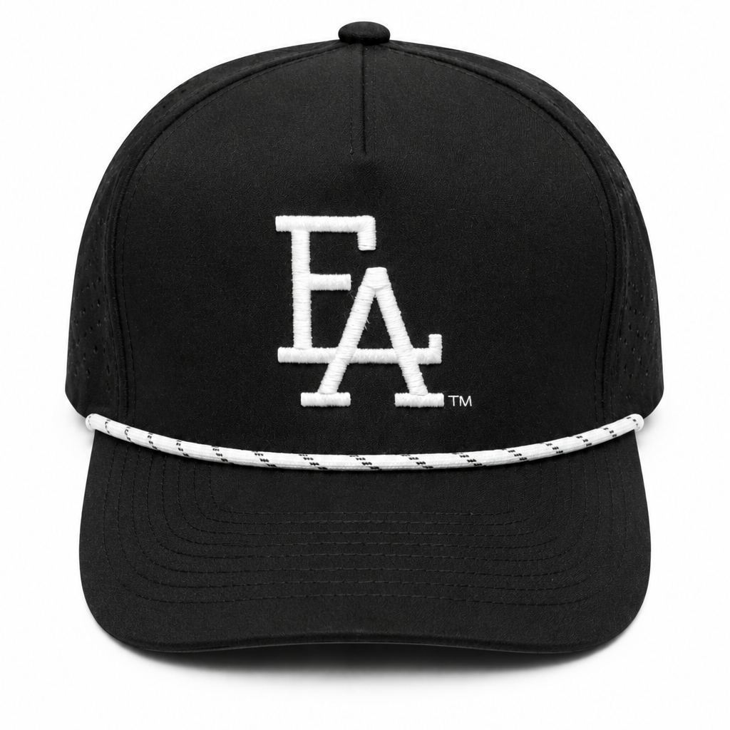 Black snapback hat featuring a bold white embroidered “FLA” logo on the front, perforated side panels, and a white rope detail across the brim for a modern streetwear look.
