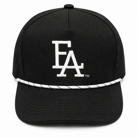 Black snapback hat featuring a bold white embroidered “FLA” logo on the front, perforated side panels, and a white rope detail across the brim for a modern streetwear look.