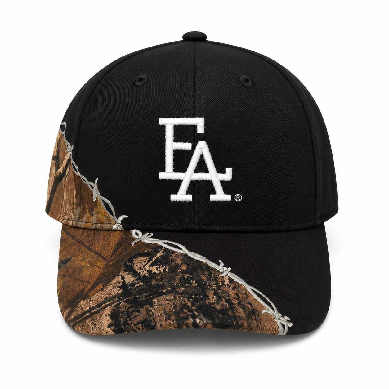 Black camo accent snapback hat featuring a bold white embroidered FLA®-style logo with barbed wire detailing across the brim and side panels for a rugged outdoor-inspired streetwear look.