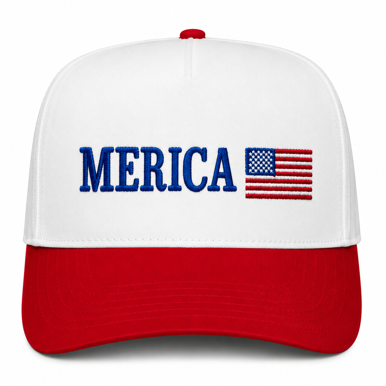 Merica patriotic trucker hat featuring bold blue embroidered “Merica” lettering, embroidered American flag graphic, white front panels, red curved bill, and classic red-white-blue USA-inspired design.