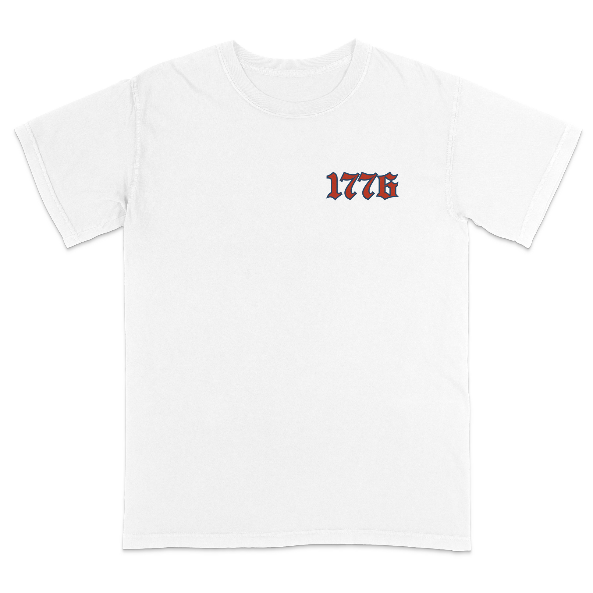 Minimal patriotic front chest graphic featuring a vintage-style “1776” design in bold Americana colors, representing the founding year of the United States with a clean classic look.