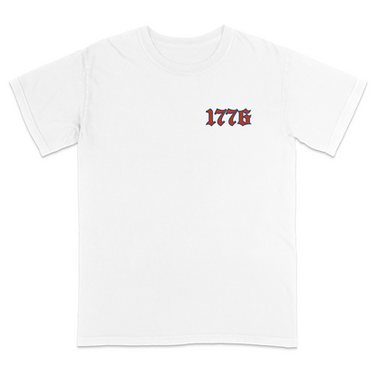 Minimal patriotic front chest graphic featuring a vintage-style “1776” design in bold Americana colors, representing the founding year of the United States with a clean classic look.