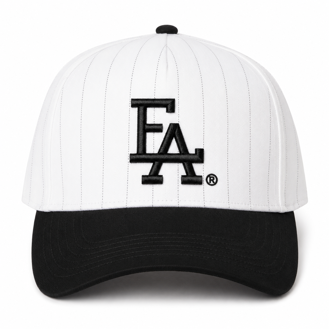 White and black pinstripe baseball cap featuring a bold black embroidered “FLA®” logo on the front, black curved brim, and classic vintage-inspired pinstripe design.
