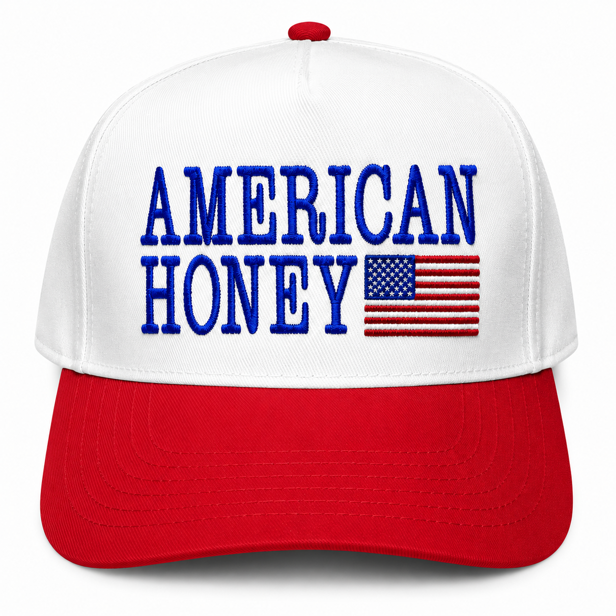 American Honey patriotic trucker hat featuring bold blue embroidered lettering, embroidered American flag graphic, white front panels, red curved bill, and red-white-blue USA-inspired design.
