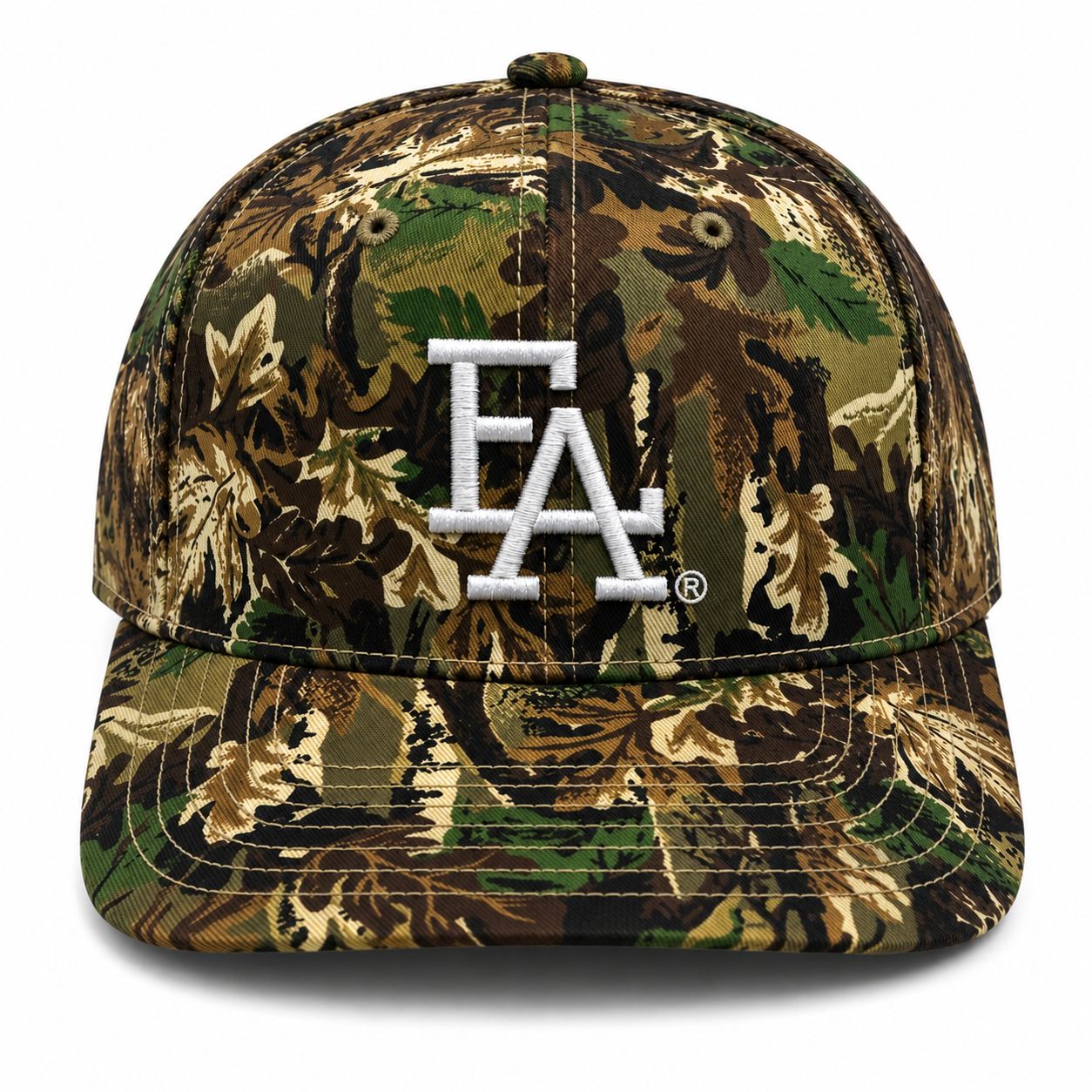 Front view of a Realtree-style camouflage baseball cap featuring a bold white embroidered “FLA®” logo, structured crown, curved brim, and rugged outdoor-inspired design.