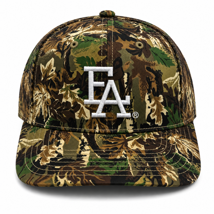 Front view of a Realtree-style camouflage baseball cap featuring a bold white embroidered “FLA®” logo, structured crown, curved brim, and rugged outdoor-inspired design.