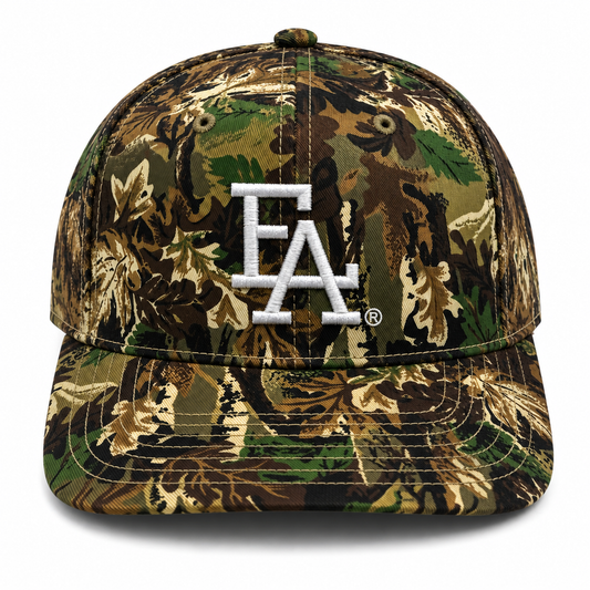 Front view of a Realtree-style camouflage baseball cap featuring a bold white embroidered “FLA®” logo, structured crown, curved brim, and rugged outdoor-inspired design.
