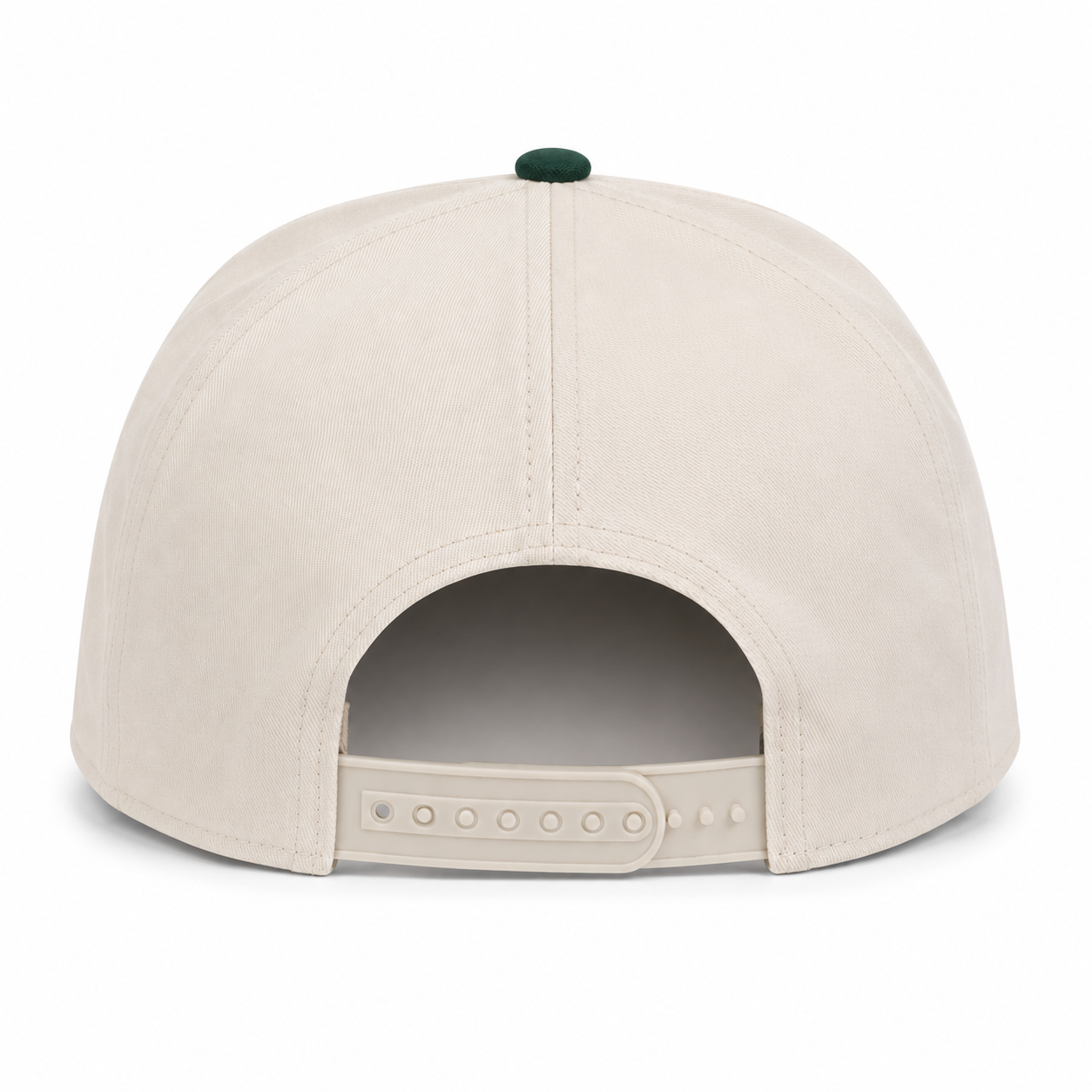 Back view of a cream and dark green two-tone snapback hat featuring a clean, unstructured rear design with an adjustable plastic snap closure for a customizable fit. The hat showcases a cream crown with a matching cream snapback closure and a dark green top button, offering a classic two-tone style perfect for everyday wear and Florida-inspired fashion.