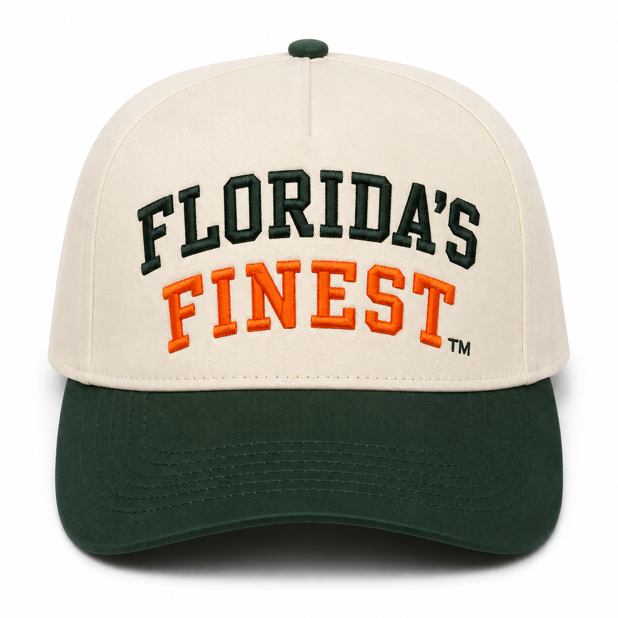 Front view of a cream and dark green two-tone snapback hat featuring bold embroidered "Florida's Finest™" lettering across the front. The design showcases dark green embroidery for "Florida's" and vibrant orange embroidery for "Finest," creating a classic Florida-inspired color combination. The structured cap includes a cream crown, dark green curved brim, and matching green top button for a timeless, everyday look perfect for Florida fans, tailgates, and casual wear.