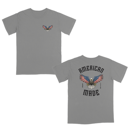 Grey t-shirt with eagle design and 'American Made' text on a white background