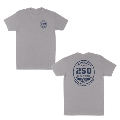 Heather grey patriotic America 250 anniversary t-shirt featuring a small front chest badge and large back emblem with “1776–2026” commemorative design, aviation-inspired wing graphic, and “Duty • Honor • Country” military tribute text.