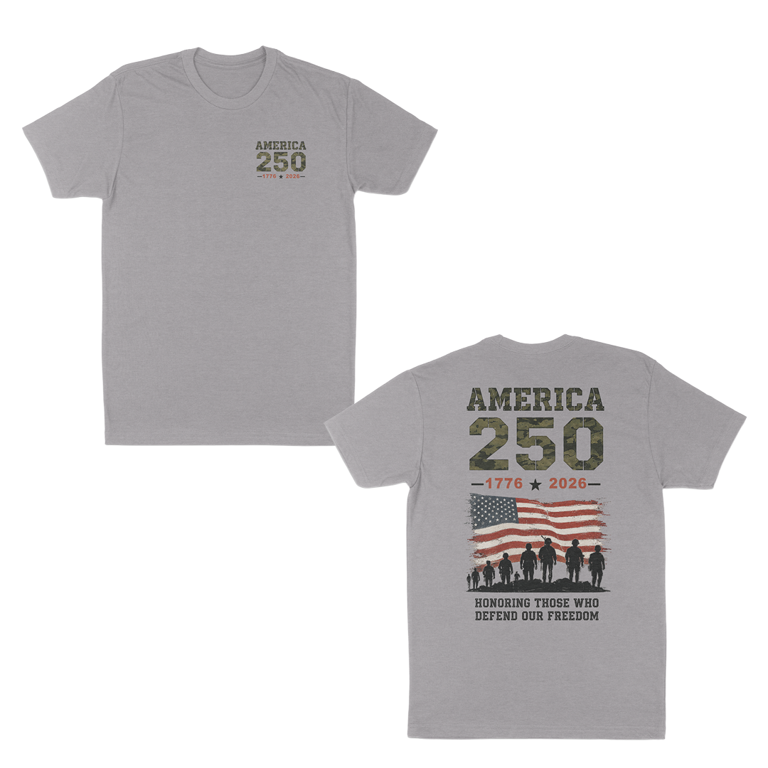 Heather Grey patriotic America 250 t-shirt featuring a small front chest graphic and large back design with distressed American flag, military silhouettes, “1776–2026” anniversary artwork, and “Honoring Those Who Defend Our Freedom” tribute message.