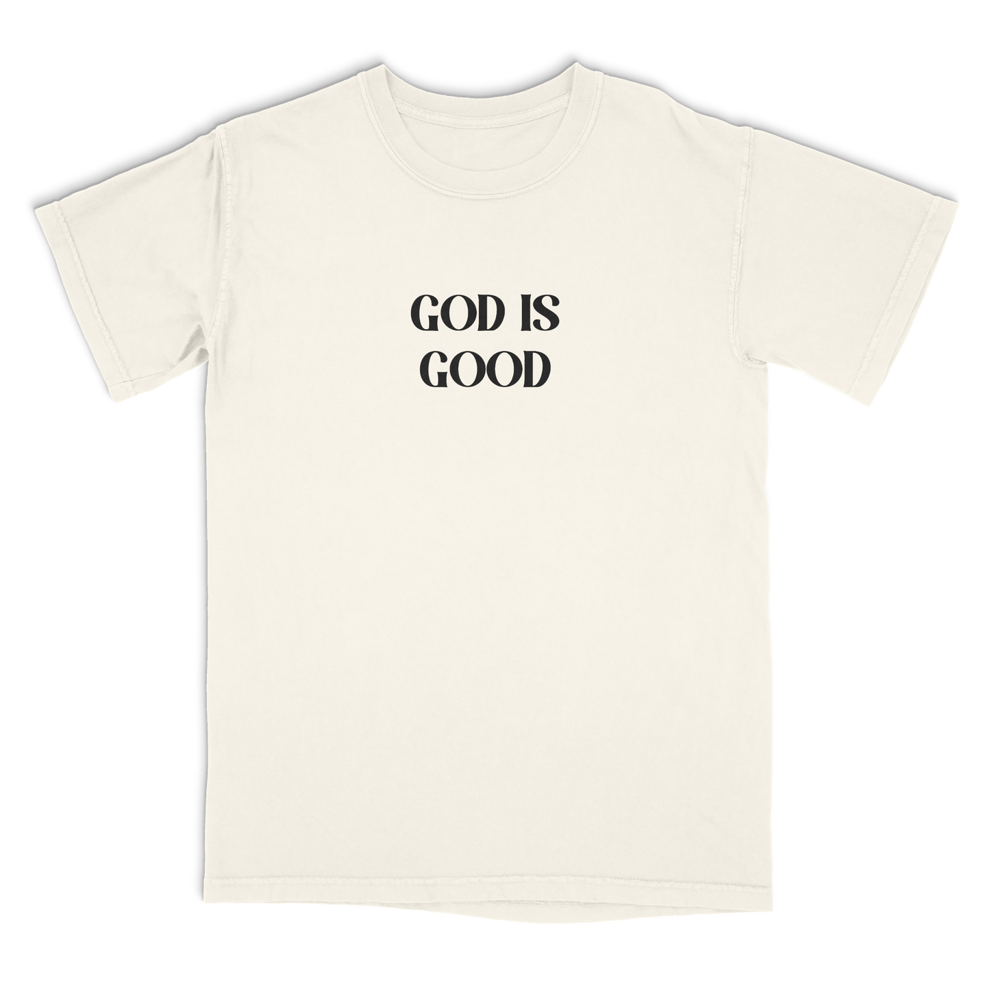 Ivory t-shirt with 'GOD IS GOOD' text on a white background