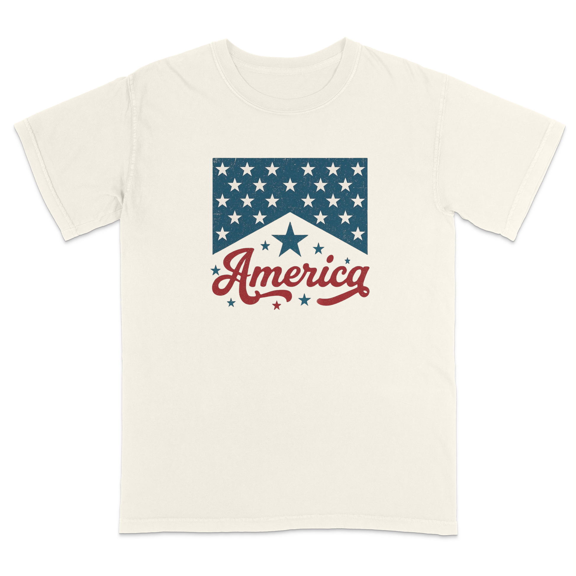 Ivory patriotic graphic t-shirt featuring a vintage-inspired red “America” script with blue stars and retro Americana design for classic Fourth of July and USA-themed style.