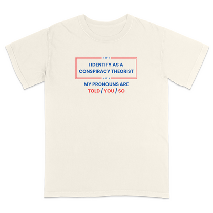 Front view of a ivory graphic T-shirt featuring the humorous phrase "I Identify as a Conspiracy Theorist" with "My Pronouns Are Told / You / So" printed below in bold patriotic red and blue lettering with stars and a bordered design. A funny political humor tee perfect for casual wear, parties, holidays, and anyone who enjoys satire and conspiracy-themed jokes.