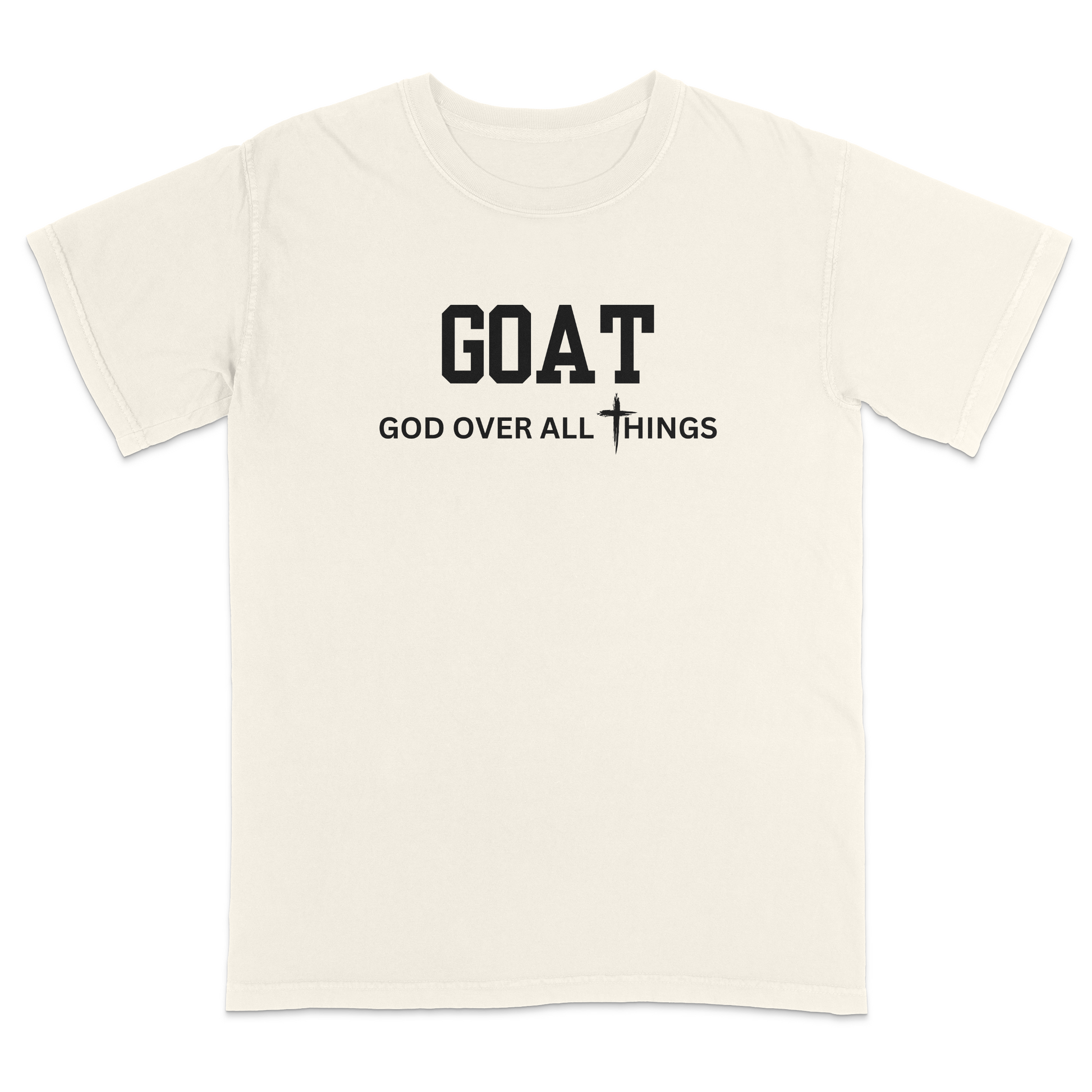 Ivory faith-based Christian t-shirt featuring the bold word “GOAT” across the chest with the phrase “God Over All Things” underneath and a white cross graphic. Inspirational religious apparel designed for believers, church events, youth groups, Christian streetwear, Bible study gatherings, and everyday faith-centered fashion.
