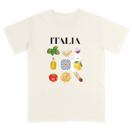 Ivory t-shirt with 'ITALIA' and Italian icons on a white background