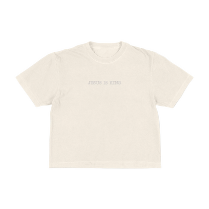 Ivory boxy tee with 'Jesus Is King' text on a white background