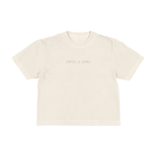 Ivory boxy tee with 'Jesus Is King' text on a white background
