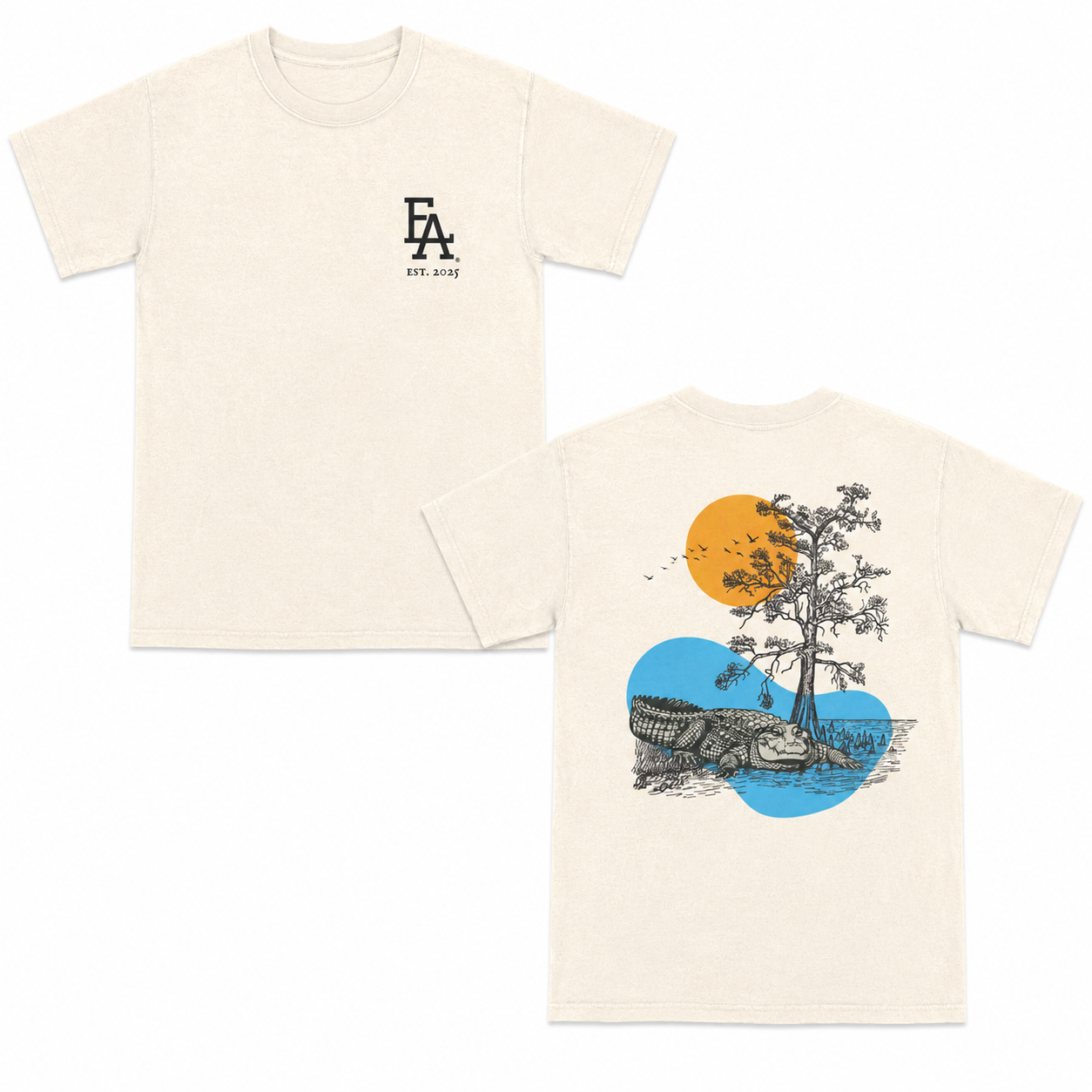 Ivory short-sleeve T-shirt with a minimalist black “FLA est. 2025” logo on the front and a detailed back graphic featuring a Florida alligator, tree, birds, and sun over water in a vintage outdoor illustration style.