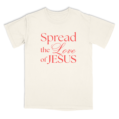 White t-shirt with red text 'Spread the Love of Jesus' on a white background