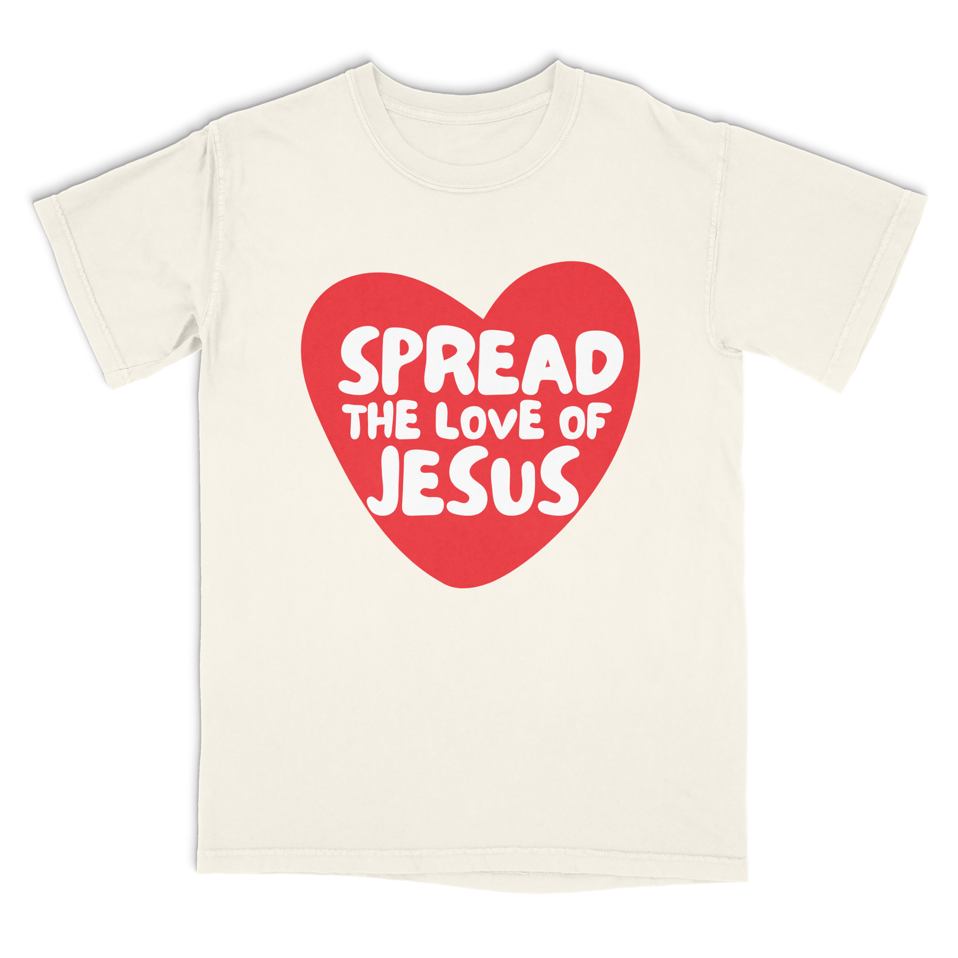 Ivory t-shirt with a red heart and white text 'Spread the Love of Jesus' on a white background
