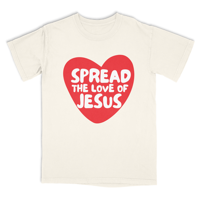 Ivory t-shirt with a red heart and white text 'Spread the Love of Jesus' on a white background