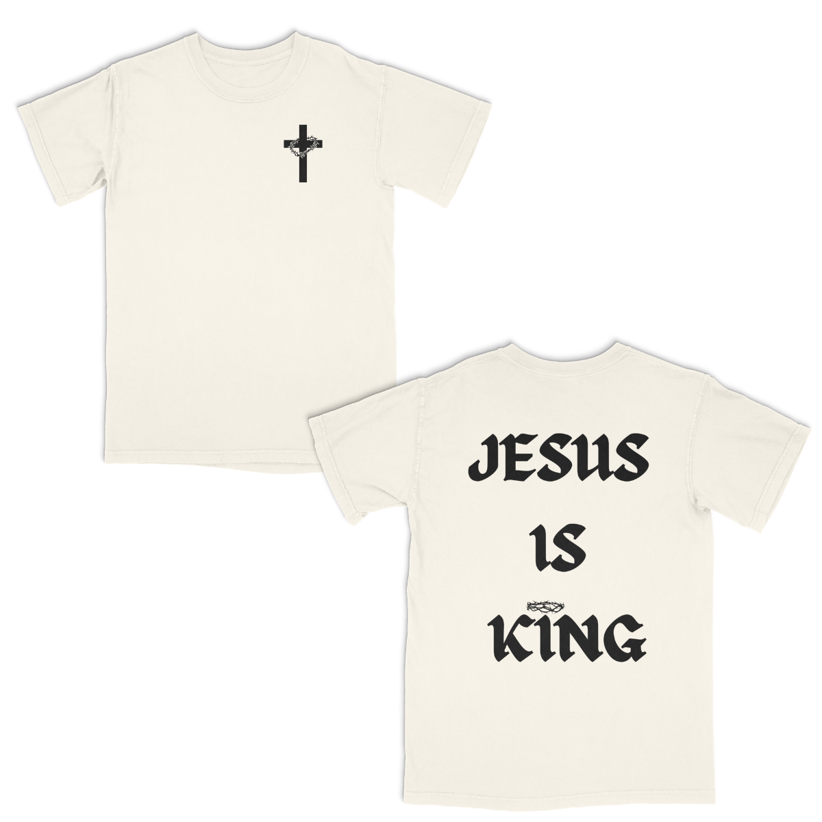 Ivory t-shirt with a black cross on the front and 'Jesus is King' text on the back.
