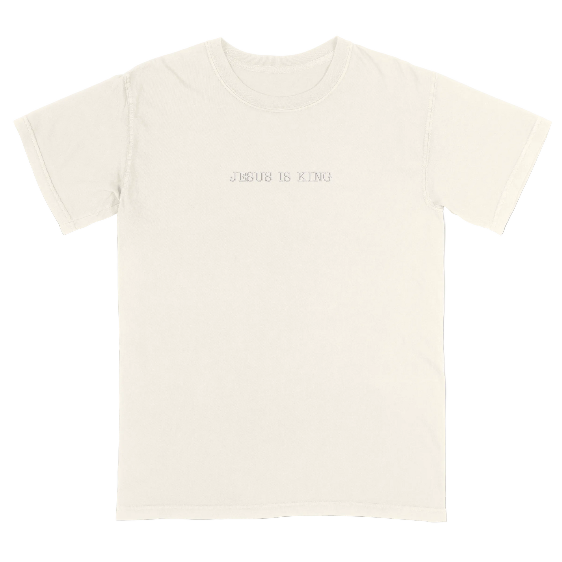 Ivory t-shirt with 'Jesus Is King' text on a white background