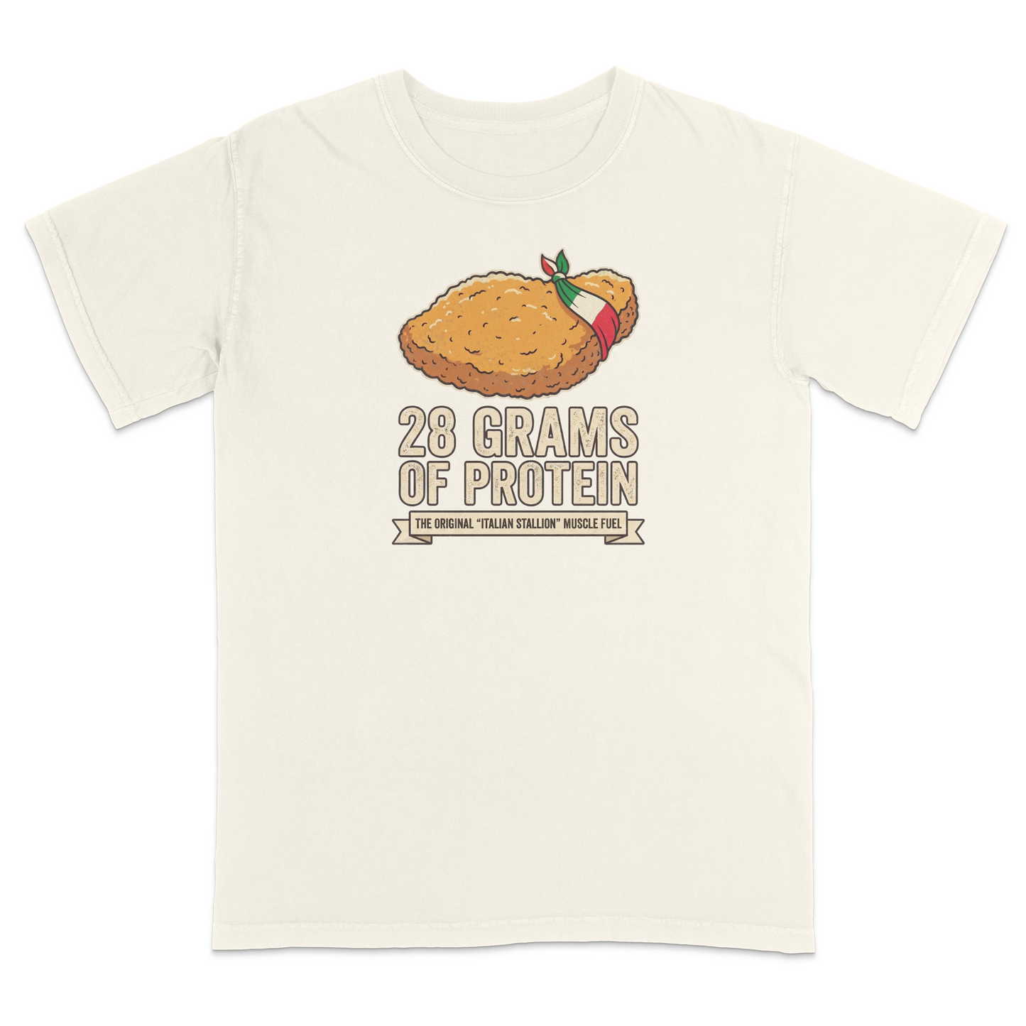 Ivory Italian heritage humor t-shirt featuring a breaded chicken cutlet graphic with an Italian flag bandana and the phrase “28 Grams of Protein – The Original Italian Stallion Muscle Fuel.” Funny Italian-American food-themed apparel celebrating classic Italian cuisine, family traditions, gym culture, and Italian pride. Perfect for food lovers, fitness enthusiasts, family gatherings, festivals, and everyday casual wear.