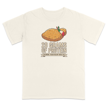 Ivory Italian heritage humor t-shirt featuring a breaded chicken cutlet graphic with an Italian flag bandana and the phrase “28 Grams of Protein – The Original Italian Stallion Muscle Fuel.” Funny Italian-American food-themed apparel celebrating classic Italian cuisine, family traditions, gym culture, and Italian pride. Perfect for food lovers, fitness enthusiasts, family gatherings, festivals, and everyday casual wear.