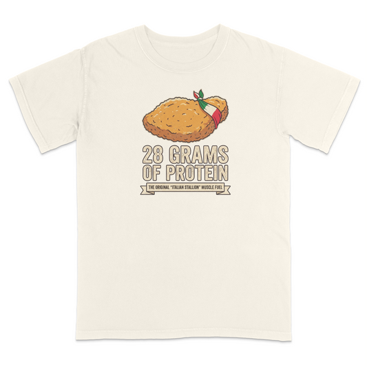 Ivory Italian heritage humor t-shirt featuring a breaded chicken cutlet graphic with an Italian flag bandana and the phrase “28 Grams of Protein – The Original Italian Stallion Muscle Fuel.” Funny Italian-American food-themed apparel celebrating classic Italian cuisine, family traditions, gym culture, and Italian pride. Perfect for food lovers, fitness enthusiasts, family gatherings, festivals, and everyday casual wear.