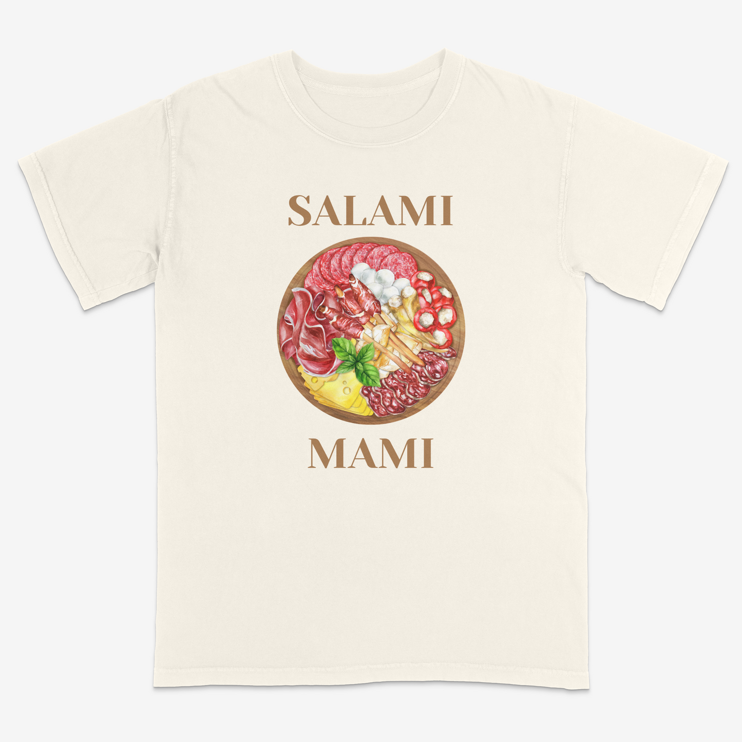 Funny Italian-inspired “Salami Mami” ivory graphic tee featuring a detailed charcuterie board illustration with cured meats, cheeses, and antipasto elements for a playful foodie streetwear aesthetic.