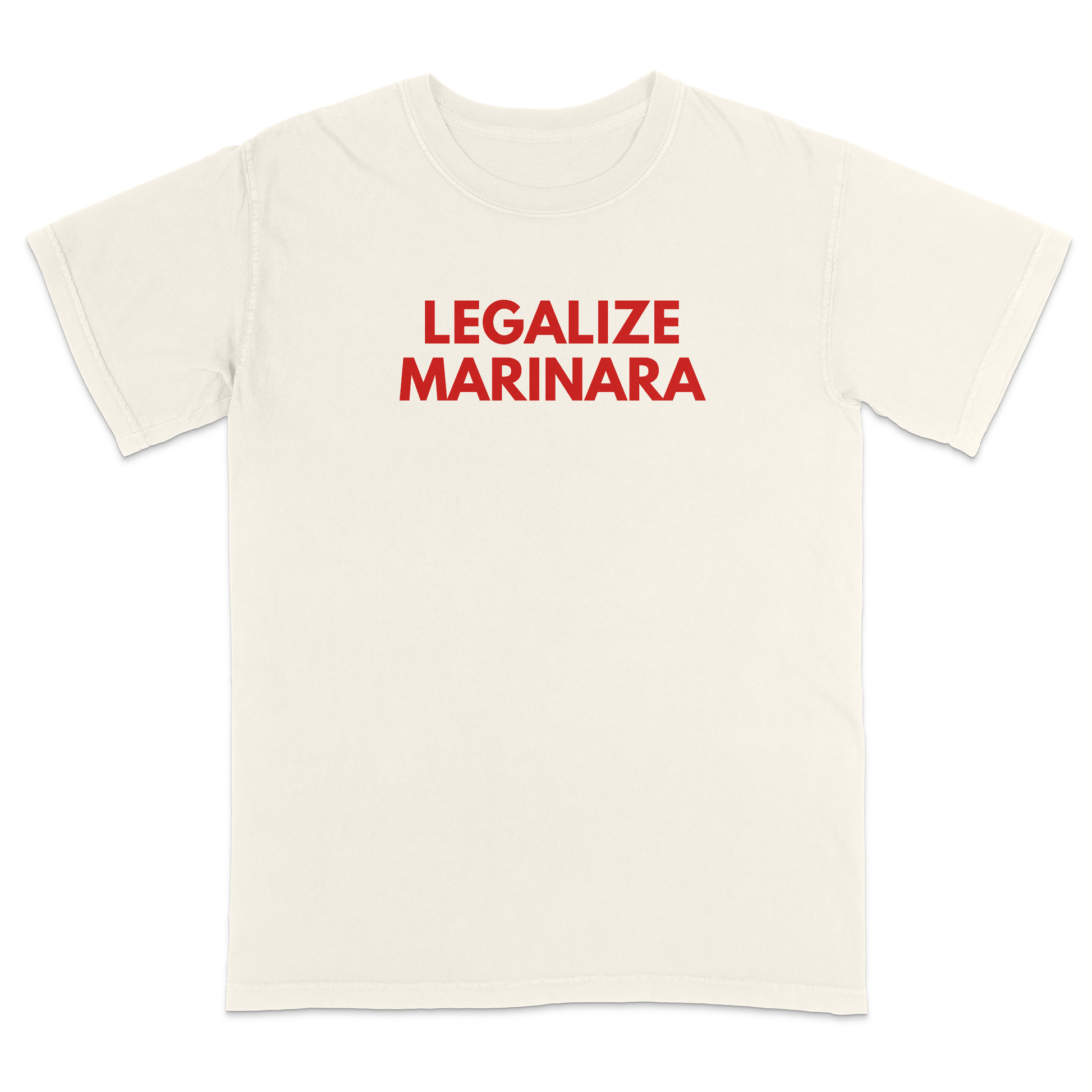 Funny Italian food graphic ivory t-shirt featuring the phrase “Legalize Marinara” in bold red lettering, perfect for pasta lovers, Italian heritage celebrations, family dinners, food festivals, and casual everyday wear.
