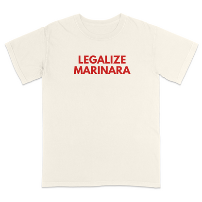 Funny Italian food graphic ivory t-shirt featuring the phrase “Legalize Marinara” in bold red lettering, perfect for pasta lovers, Italian heritage celebrations, family dinners, food festivals, and casual everyday wear.