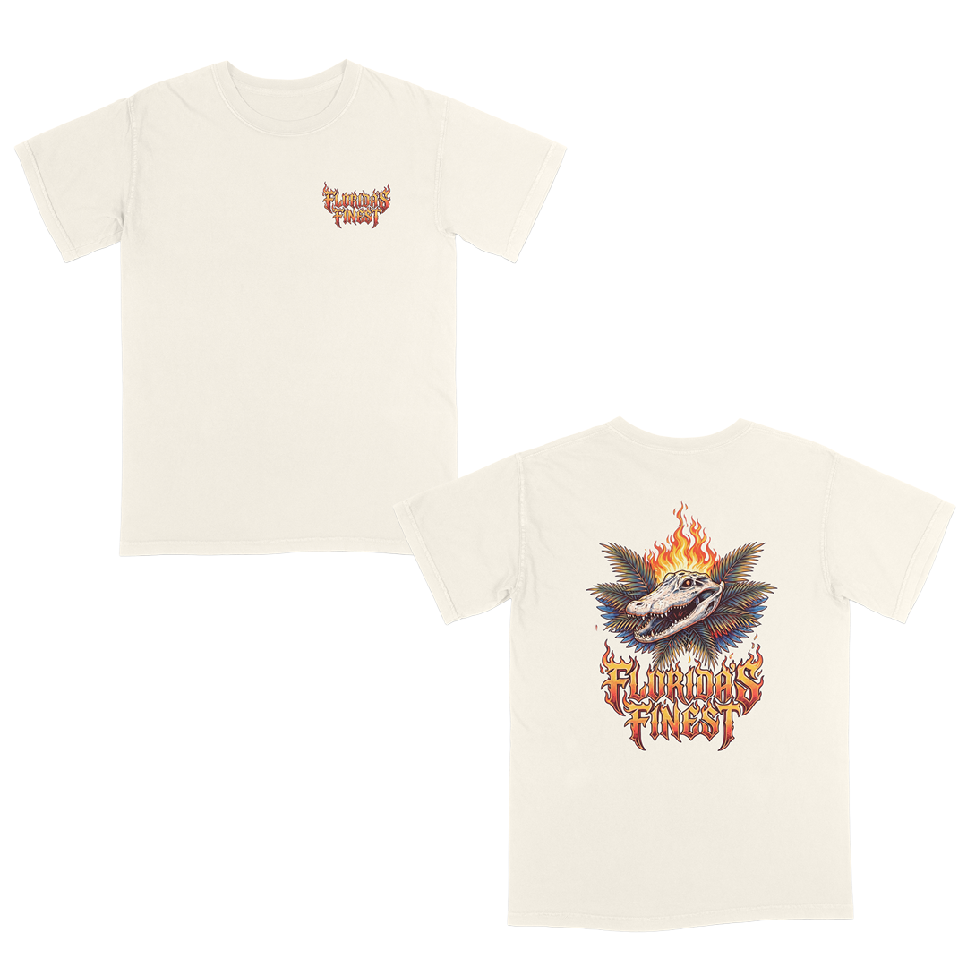 Ivory graphic t-shirt shown from front and back with fiery “Florida’s Finest” lettering and a flaming alligator graphic with palm leaves.