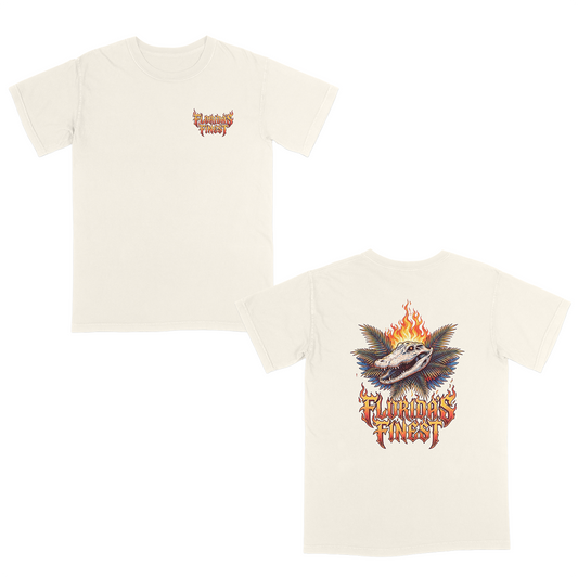 Ivory graphic t-shirt shown from front and back with fiery “Florida’s Finest” lettering and a flaming alligator graphic with palm leaves.
