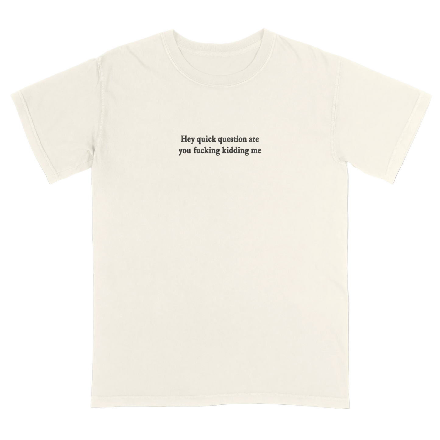 Ivory t-shirt with 'Hey quick question are you fucking kidding me' text on a white background