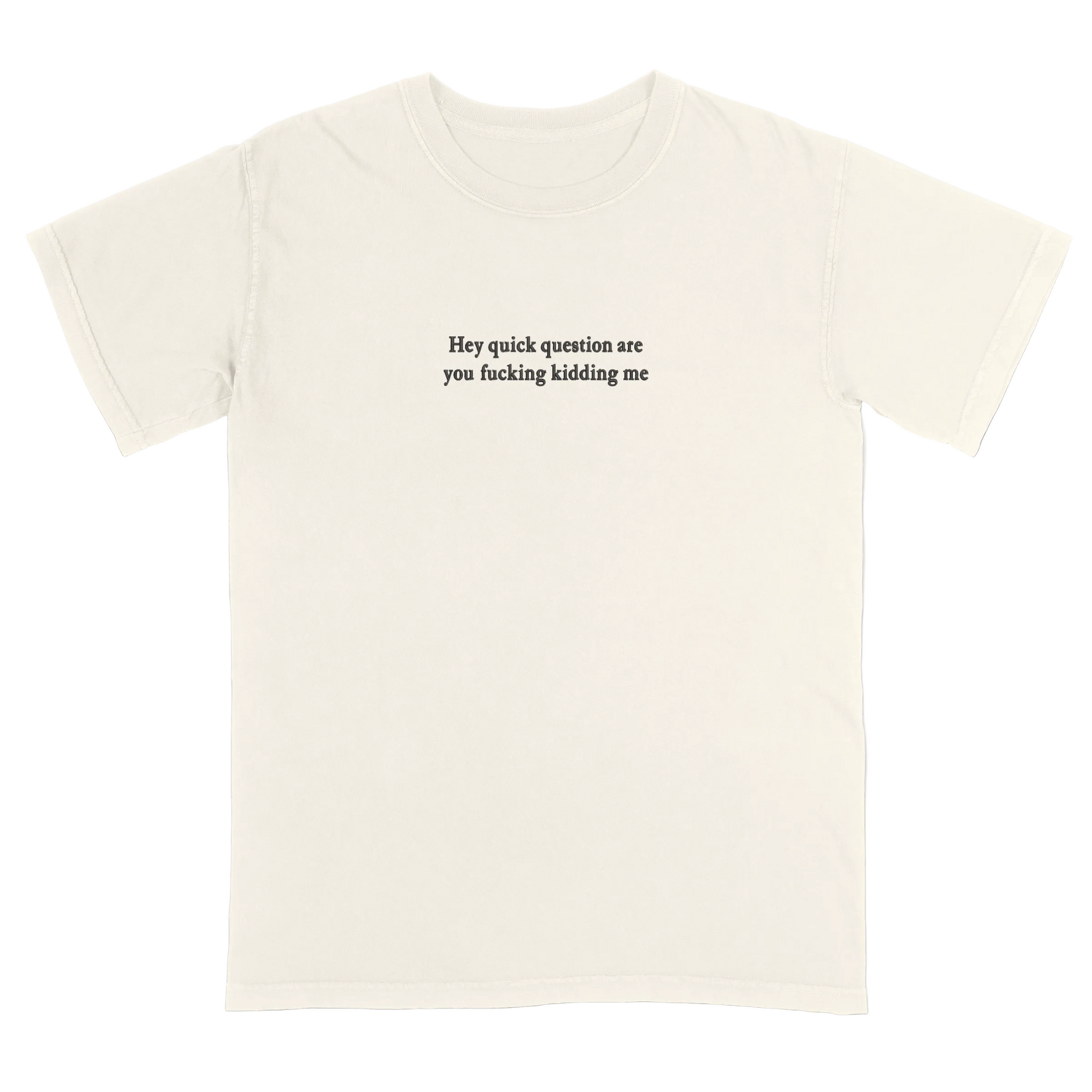 Ivory t-shirt with 'Hey quick question are you fucking kidding me' text on a white background